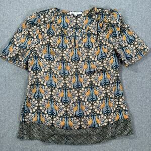 DR2 by Daniel Rainn Peacock Blouse Women's Small Short Puff Sleeve Blue Gold